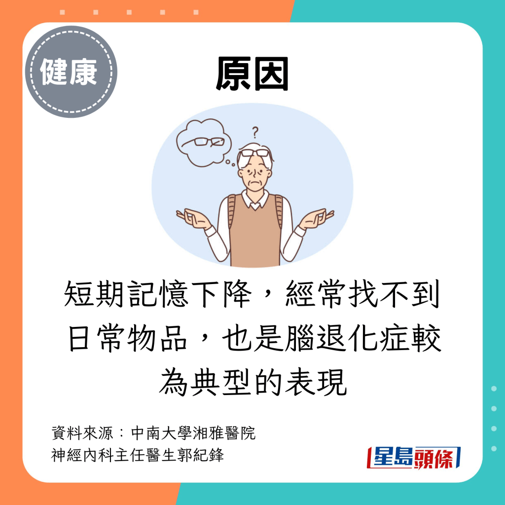 短期記憶下降，經常找不到日常物品，也是腦退化症較為典型的表現