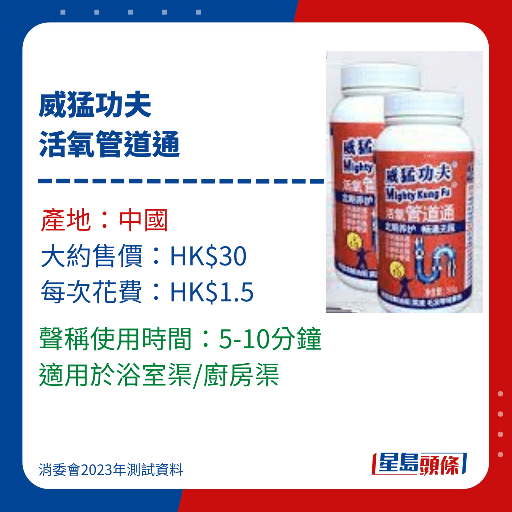 消委会通渠水/通渠剂测试名单｜9 威猛功夫活氧管道通，标示使用时间5-10分钟。　 