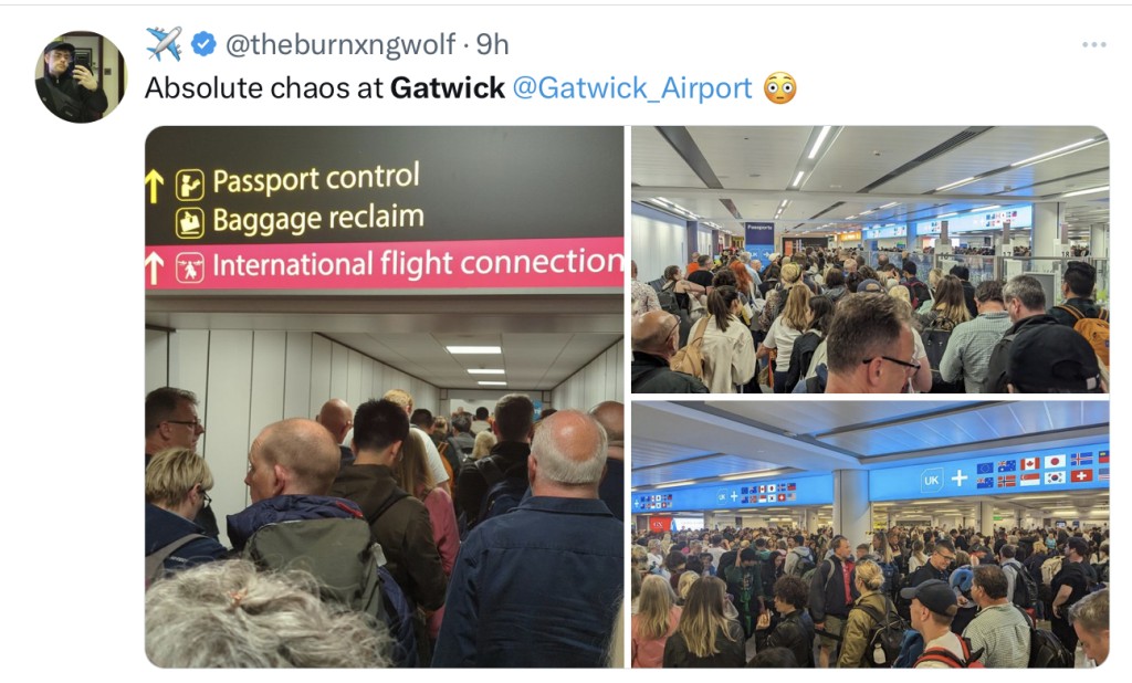 网民形容盖特威克机场「绝对混乱」