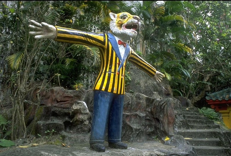老虎先生身穿酷似馬戲班演員的明豔禮服，過往被擺放在昔日的萬金油花園並保留至今。虎豹樂圃ig