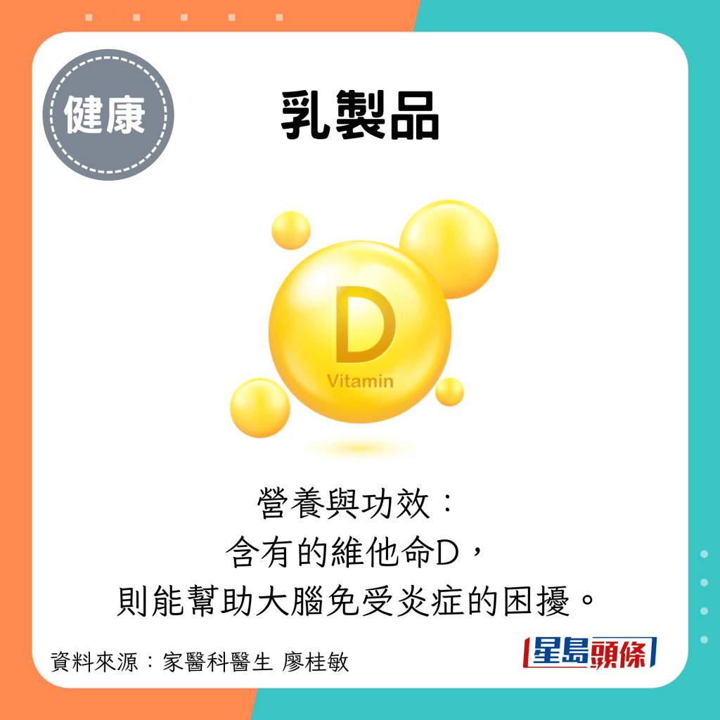 乳制品：营养与功效： 含有的维他命D， 则能帮助大脑免受炎症的困扰。