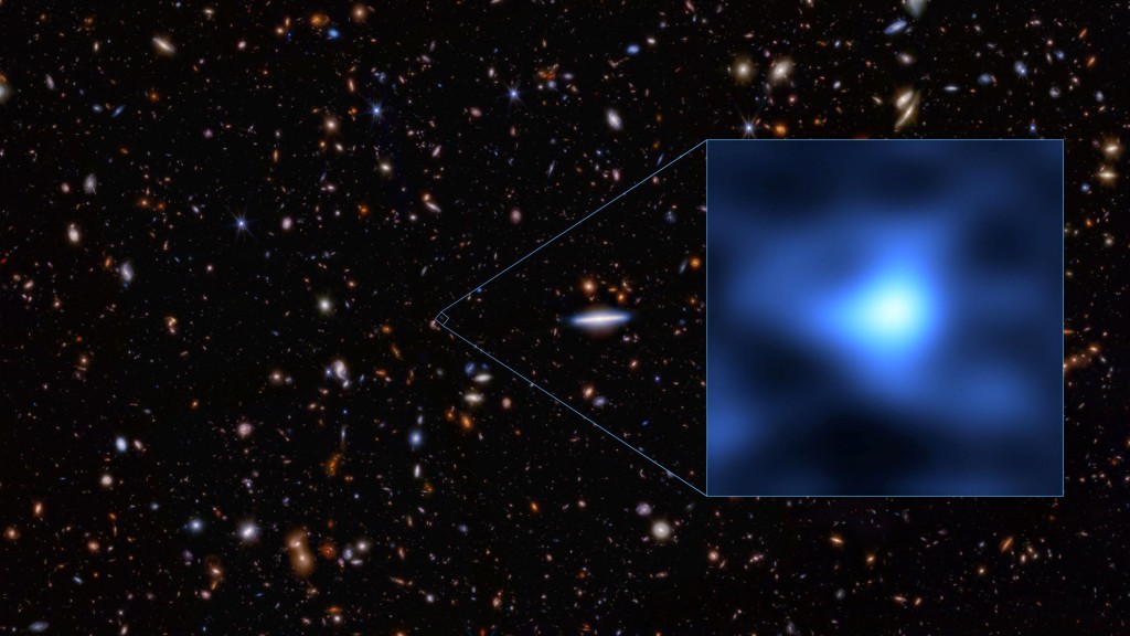 這張圖片顯示了JADES-GS-z14-0星系在夜空中的精確位置，是天爐座中一個極其微小的點。 ALMA (ESO/NAOJ/NRAO)