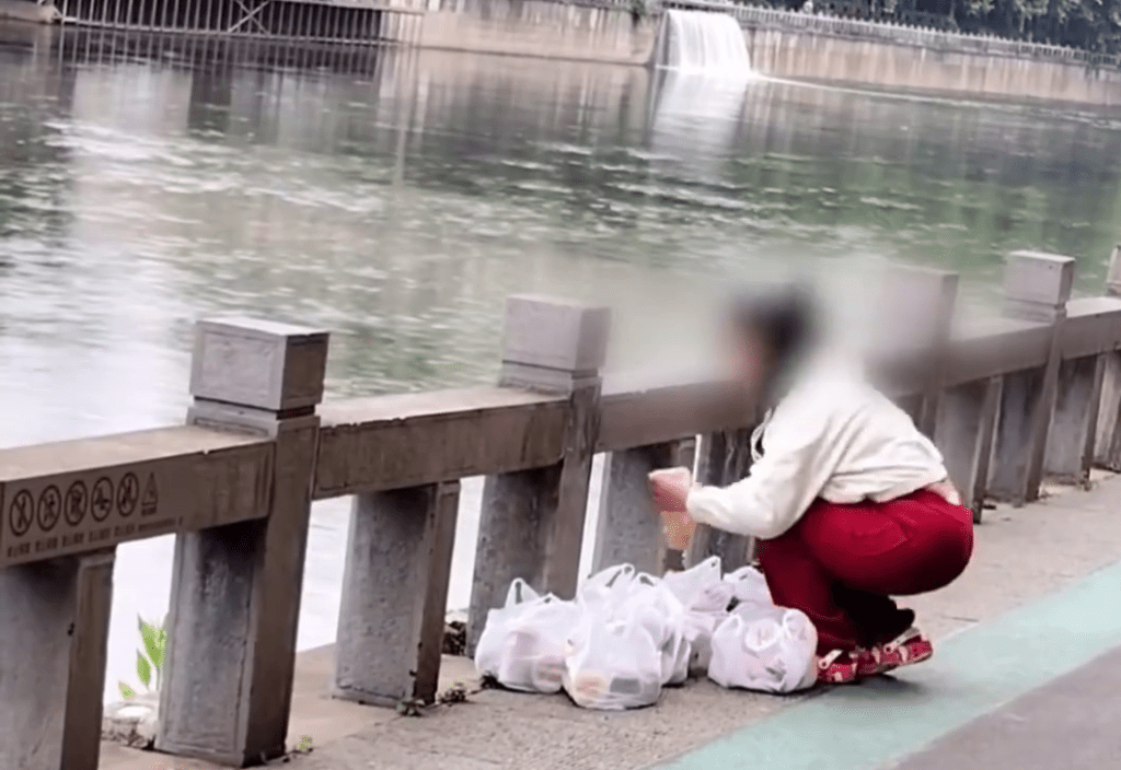 貴州女子在河邊將一杯一杯的奶茶「放生」。