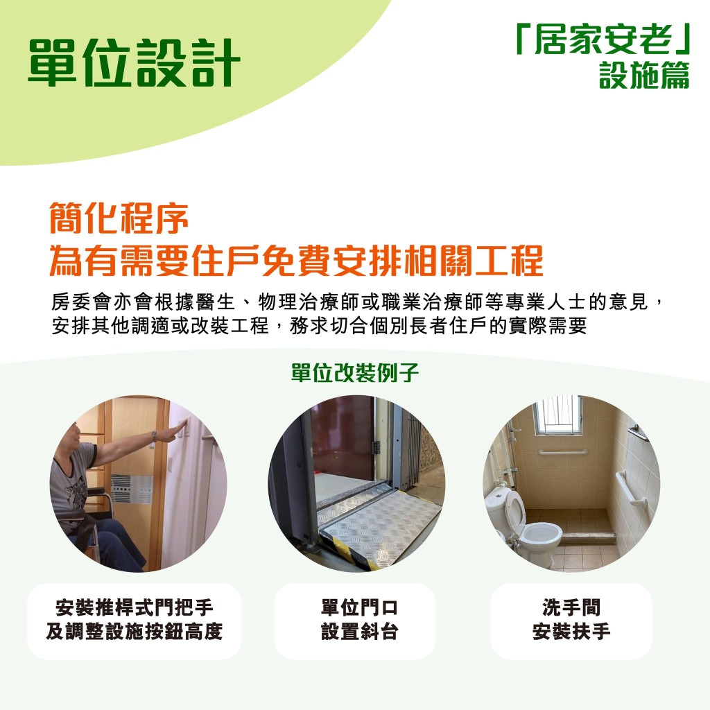 單位方面，當局簡化程序，為有需要的住戶免費安排安裝推桿式門把手。