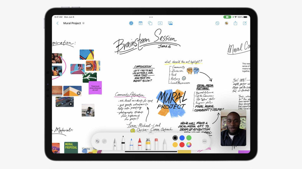 iPadOS 16的Freeform App可以讓多人同時在白板畫面開會討論。