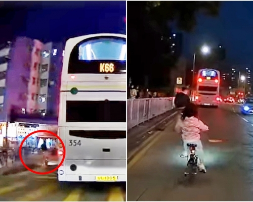 元朗一對父女在馬路上踩單車,父親竟獨留女兒在後。FB群組「我食在元朗。你卻在大牌檔」網民Kaki Fong影片截圖