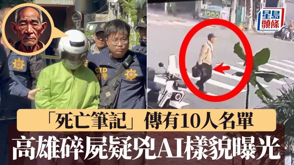 高雄連環殺人肢解疑犯的AI生成樣貌（左小圖）曝光。右為疑犯將受害人頭顱帶走。