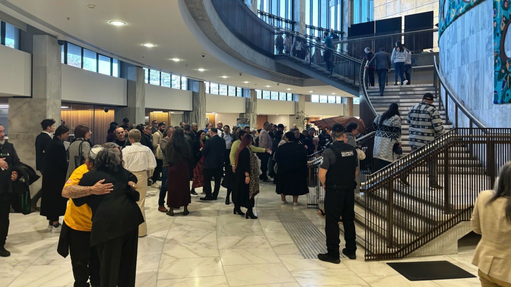 民众抵达位于威灵顿的纽西兰国会出席照护机构虐待调查。美联社