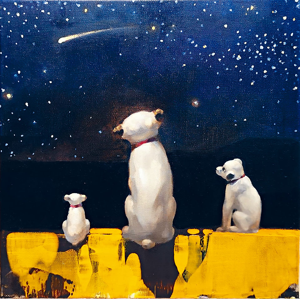 廖井梅作品《星空之二》借狗擬人，感念家人相聚時的溫馨時光。
