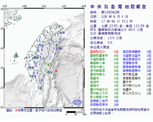 台灣台東縣發生黎克特制5.6級地震。中央氣象局