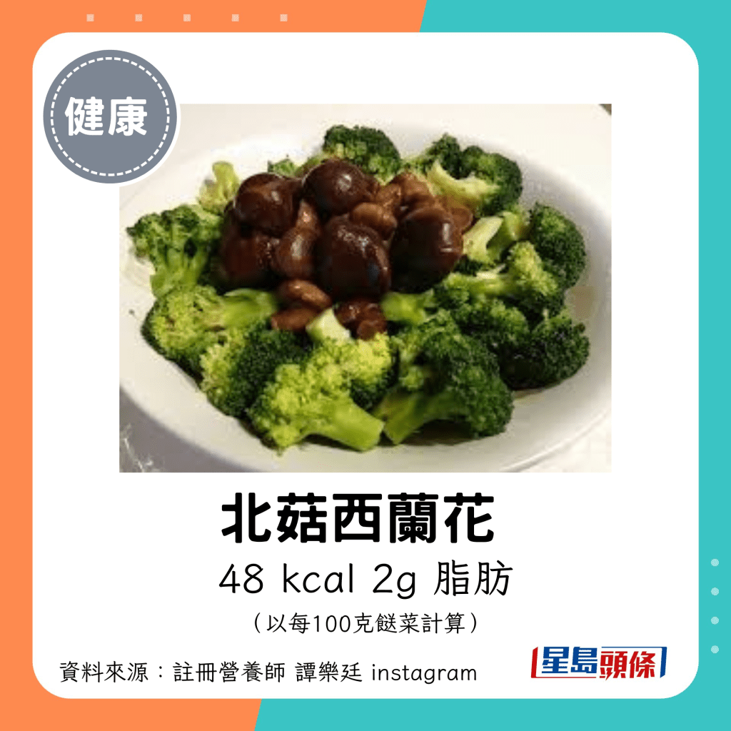 北菇西蘭花：48 kcal、2g 脂肪