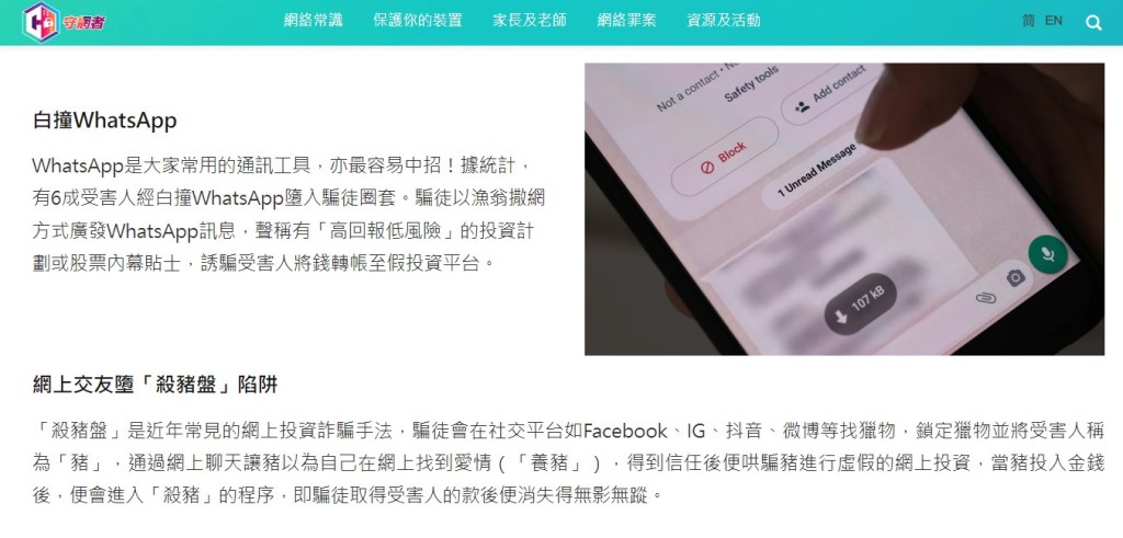“投资骗局｜白撞WhatsApp/假交易App/假专家 一文睇清投资骗案常见手法”（二）。“守网者”网页截图