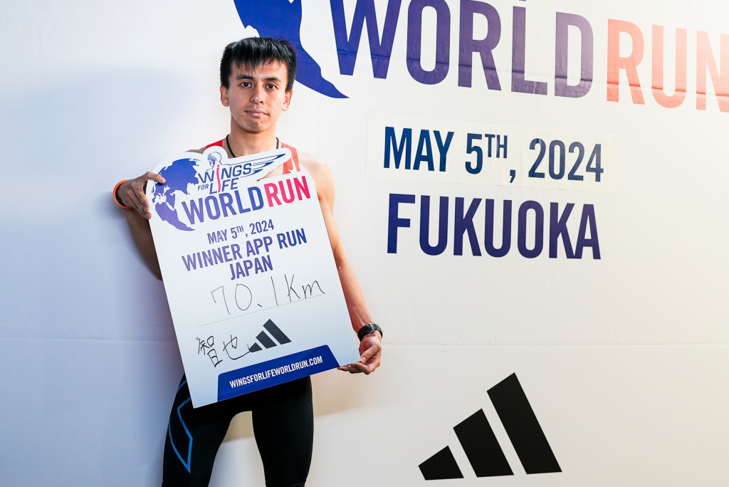日本跑手渡边智也以70.9公里荣膺Wings for Life World Run男子总冠军。
