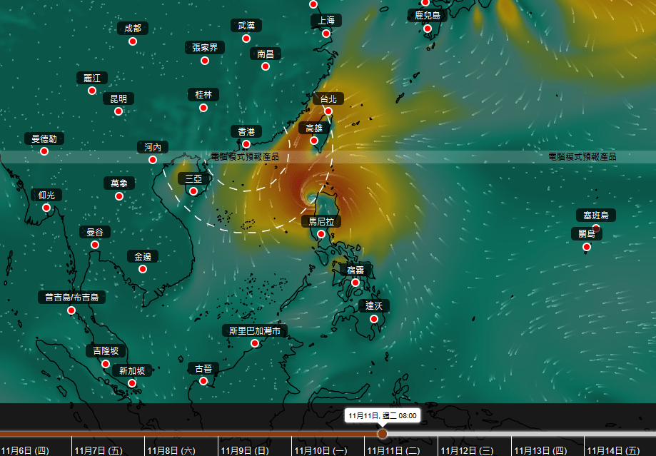 歐中AIFS預測現時位於關島以南熱帶氣旋未來行走路徑。天文台擷圖 歐中AIFS預測現時位於關島以南熱帶氣旋未來行走路徑。天文台擷圖