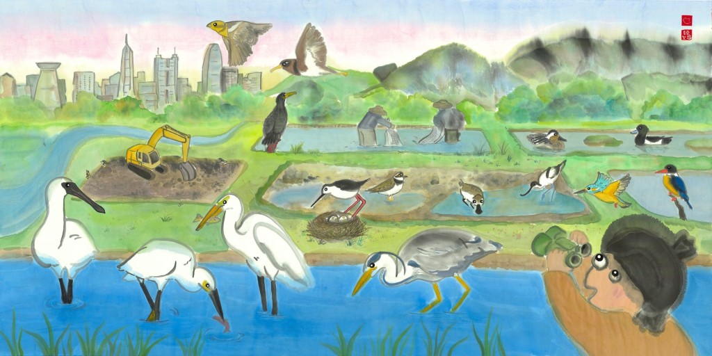 畫作優美地捕捉了遷徙鳥類與人類在魚塘中和諧共處的關係。 畫作優美地捕捉了遷徙鳥類與人類在魚塘中和諧共處的關係。