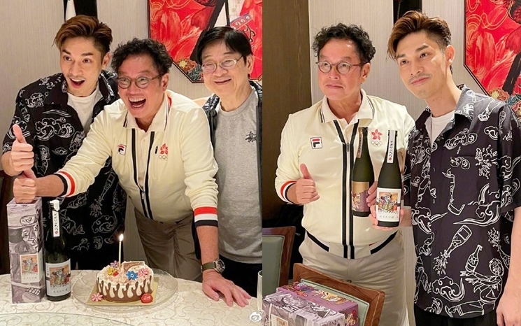 關楚耀父子跟譚校長預祝71歲生日。