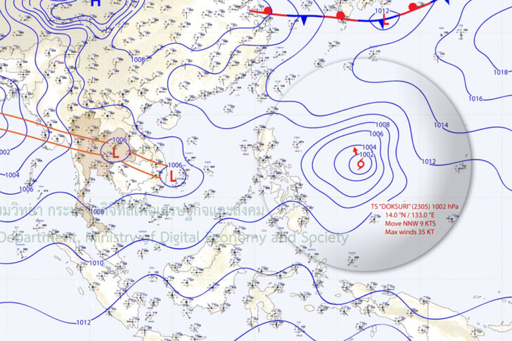 泰国气象局预测杜苏芮预计在25日至26日进入南海，之后将于27日靠近中国南部海岸。泰国气象局图片