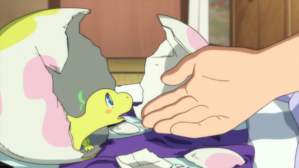 大雄用「时间布」成功将化石还原，并孵化出两只长有翅膀的新品种恐龙。