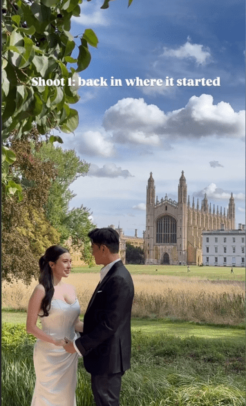 近日施宇琪與未婚夫重返定情地劍橋大學影婚紗相，二人深情對望，甜蜜滿瀉。