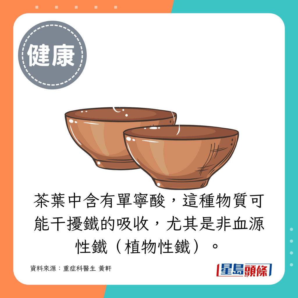 茶葉中含有單寧酸，這種物質可能干擾鐵的吸收，尤其是非血源性鐵（植物性鐵）。
