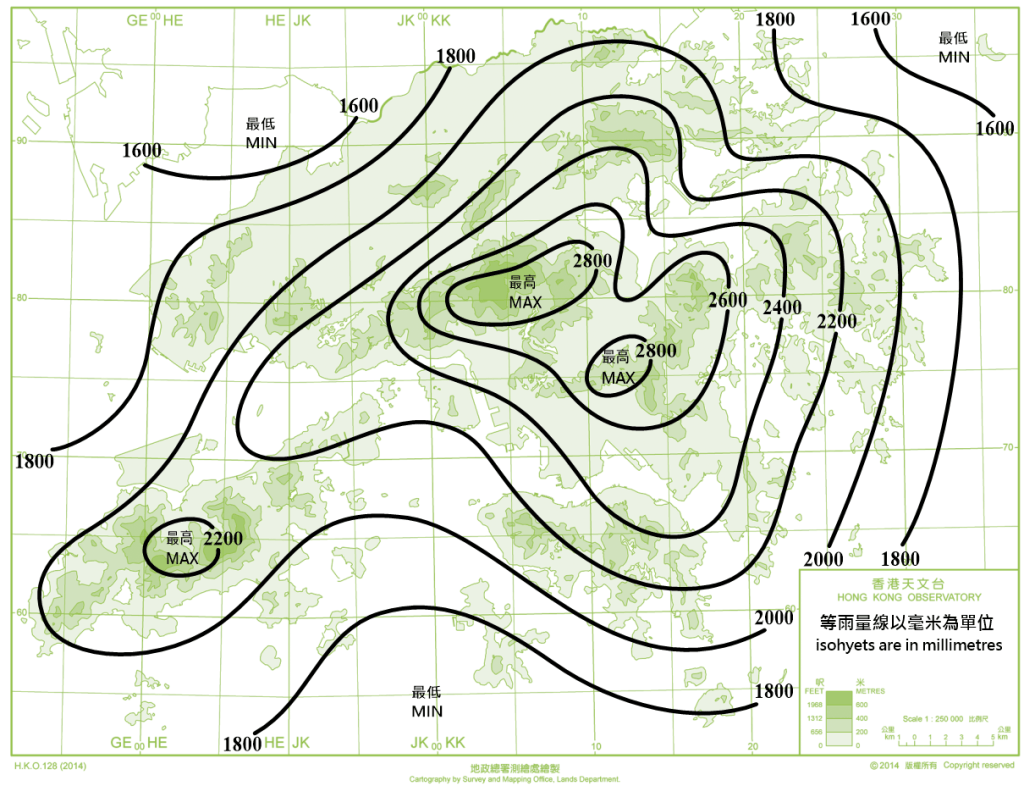 1991-2020年香港平均年雨量分佈。天文台圖片