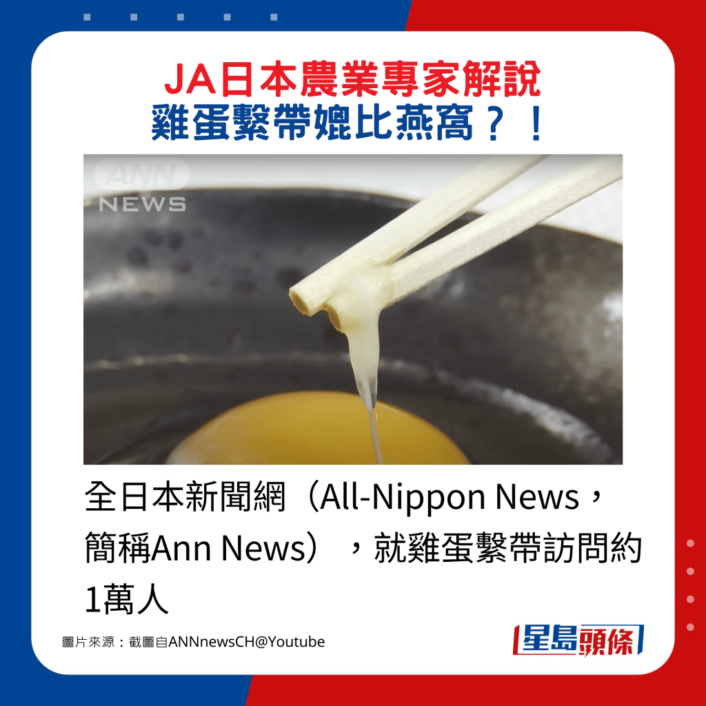 全日本新聞網（All-Nippon News，簡稱Ann News），就雞蛋繫帶訪問約1萬人