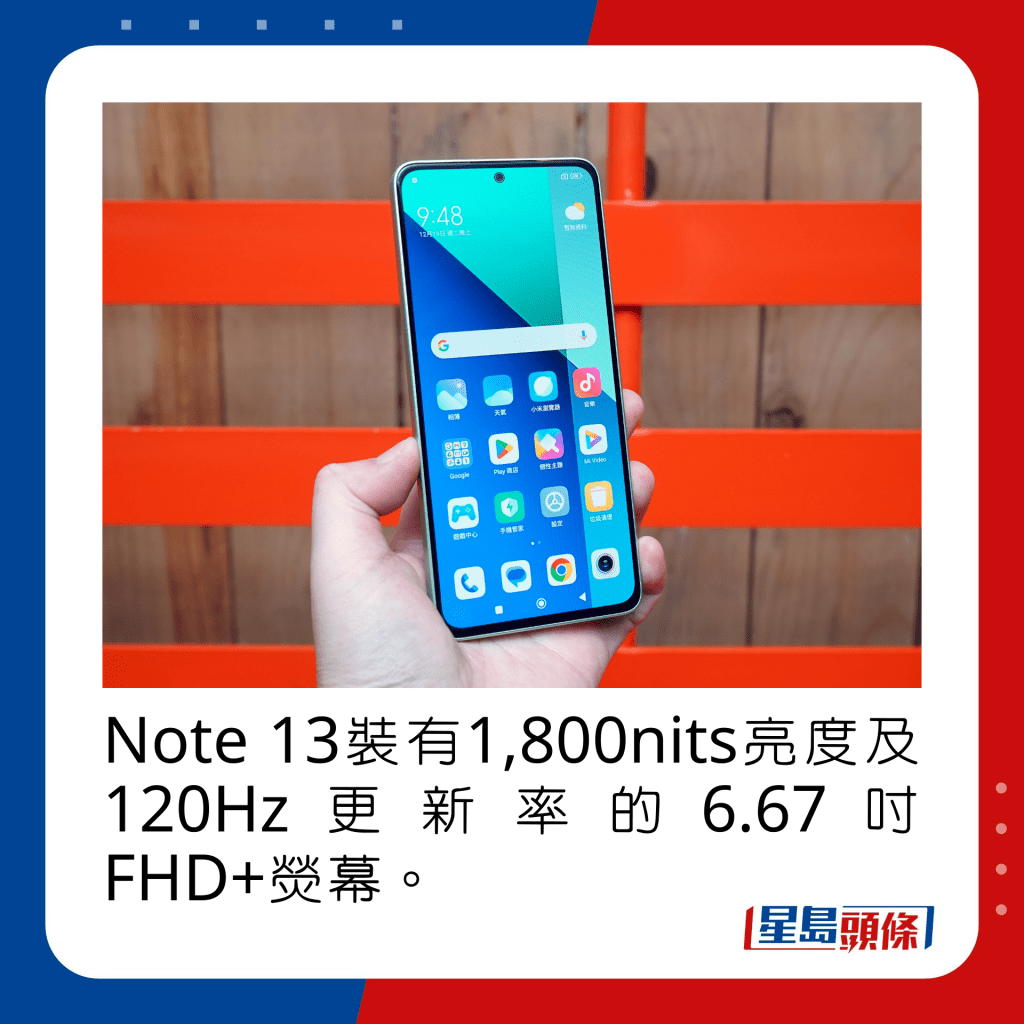 Note 13装有1,800nits亮度及120Hz更新率的6.67寸FHD+荧幕。