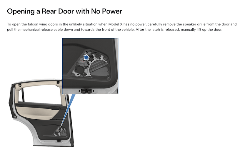 後門的釋放裝置不顯著，會讓乘客在緊急危難時找不到。特斯拉官網