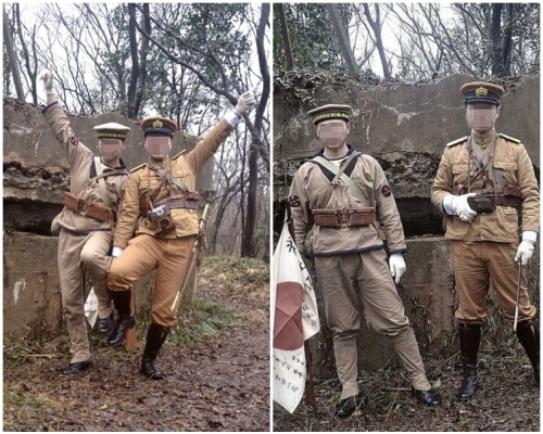 2名男子近日身穿二戰日本軍服在南京抗戰遺址擺姿勢合影。網圖