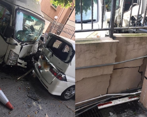 貨車連撞3部私家車，屋苑圍牆損毀。