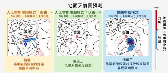 電腦模式對第二個低壓系統的強度及路徑預報存在分歧。天文台圖片 電腦模式對第二個低壓系統的強度及路徑預報存在分歧。天文台圖片