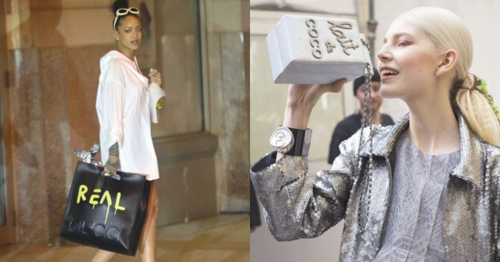 Rihanna的GucciGhost手袋（左）及Karl Lagerfeld设计的Lait de Coco手袋（右）均是展览的亮点。（© Splash News及©Jason Lloyd Evans）