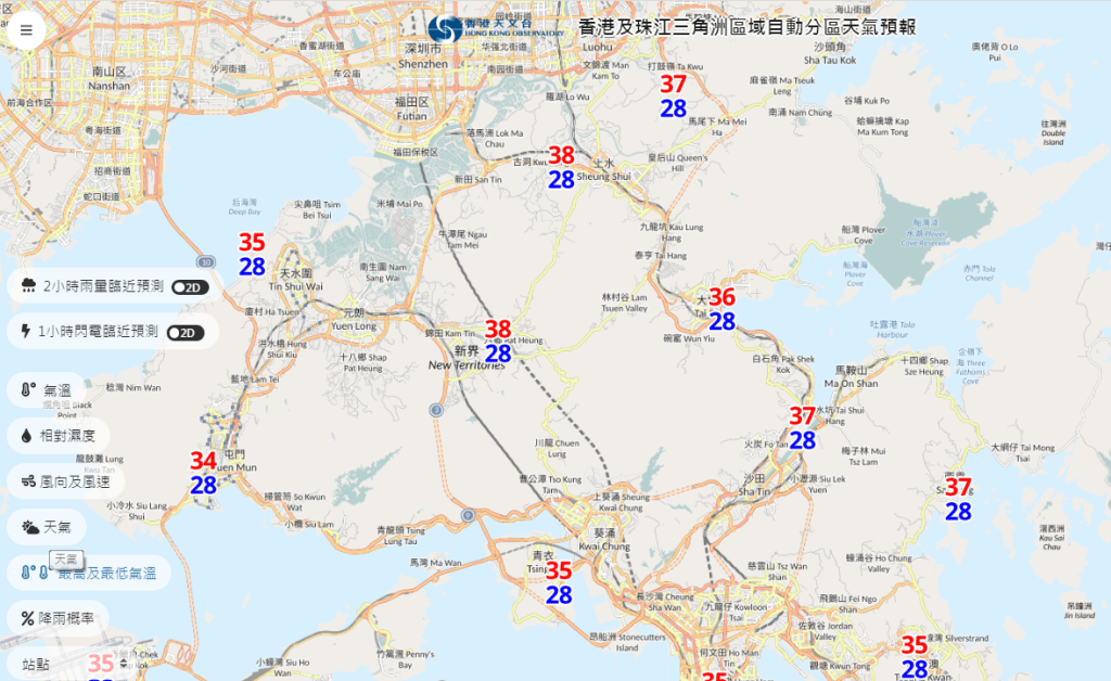 新界部分地區如打鼓嶺、西貢及天水圍可達37度，而上水及元朗則更可能錄得38度高溫。