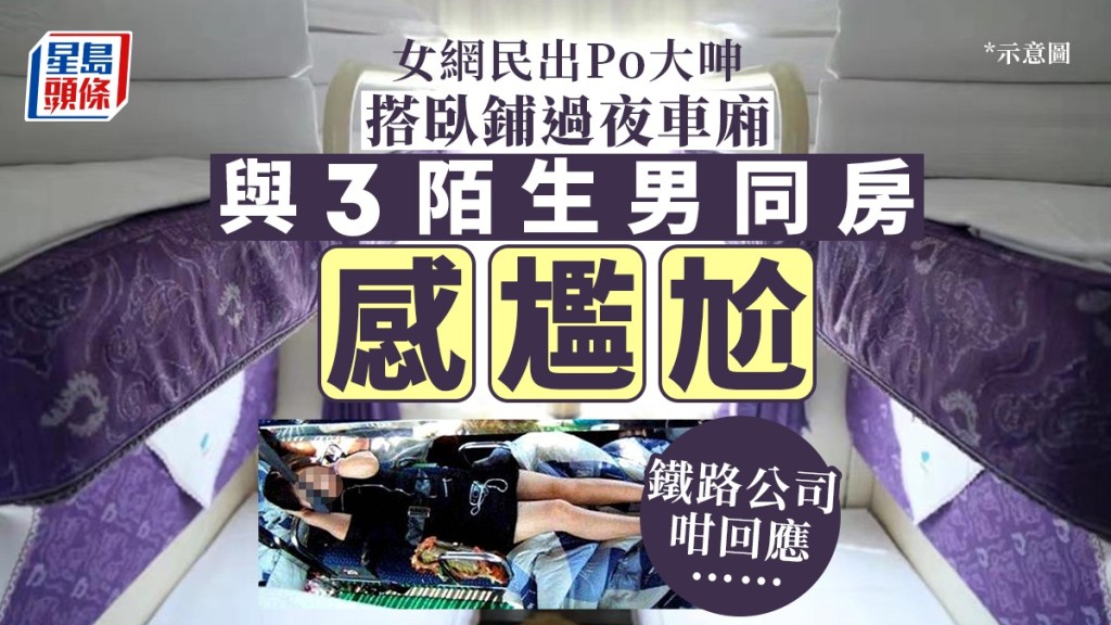 有女網民大呻乘坐臥鋪火車時，被安排與3名陌生男同房，感到很尷尬。示意圖