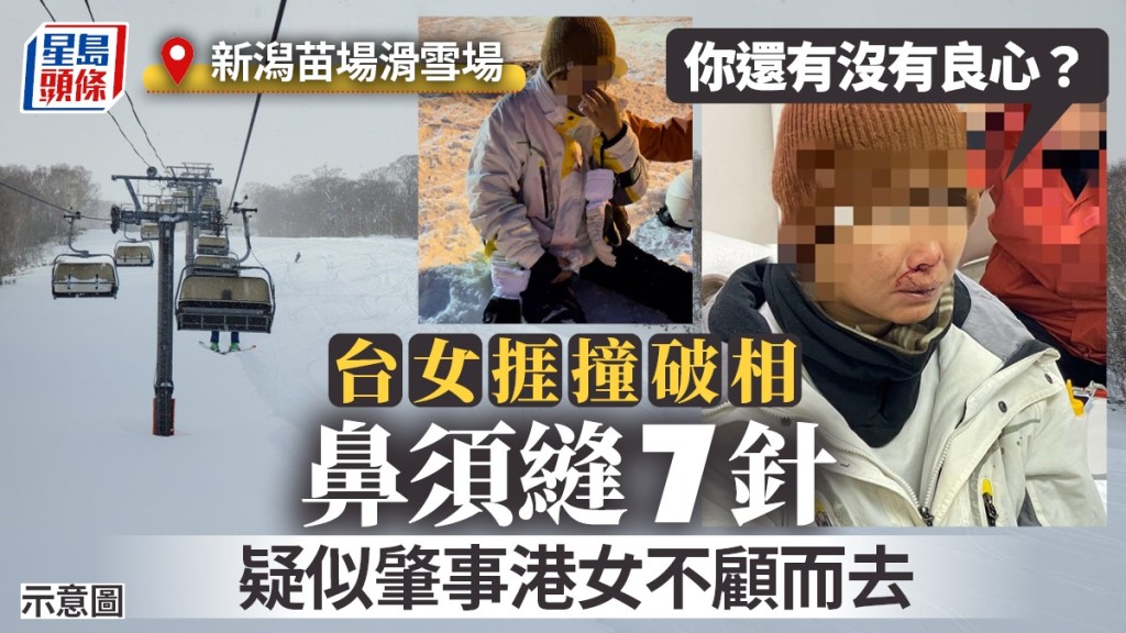 台灣女遭疑似港人撞爆鼻。(facebook：「SNOWKON滑雪控」)