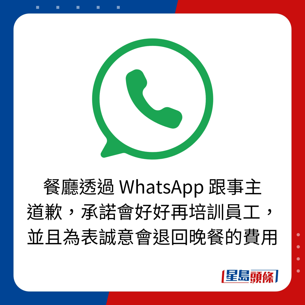 餐廳透過 WhatsApp 跟事主 道歉，承諾會好好再培訓員工， 並且為表誠意會退回晚餐的費用