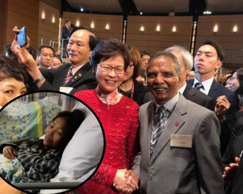 菲傭(小圖)前僱主的父親Syed Jamil Raghbi與特首林鄭月娥合照。 Syed Jamil Raghbi fb圖 