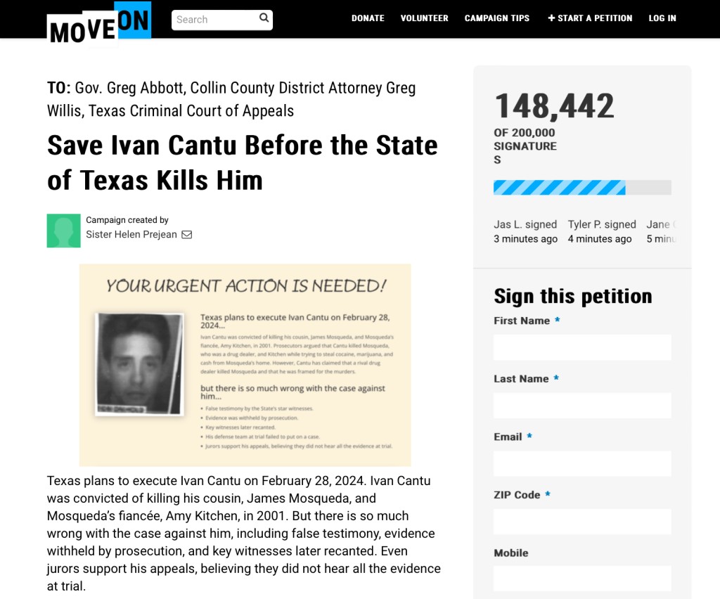 近15萬人聯署為坎圖（Ivan Cantu）請願。