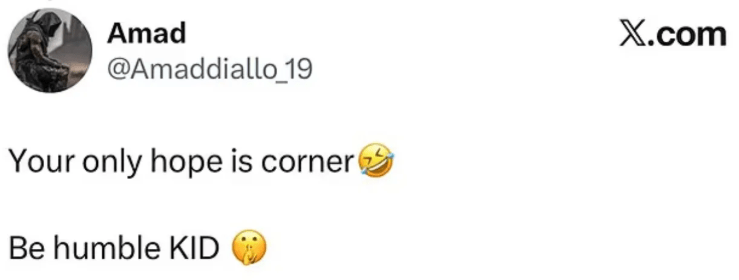 阿密特迪亞路在社交媒體上回覆:「你們唯一的希望就是角球了。」,社交媒體 阿密特迪亞路在社交媒體上回覆:「你們唯一的希望就是角球了。」,社交媒體