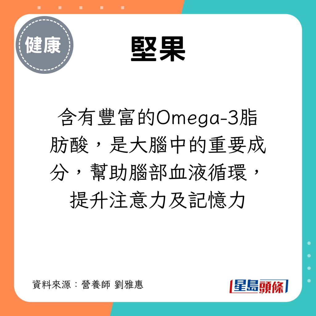 含有豐富的Omega-3脂肪酸，是大腦中的重要成分，幫助腦部血液循環，提升注意力及記憶力