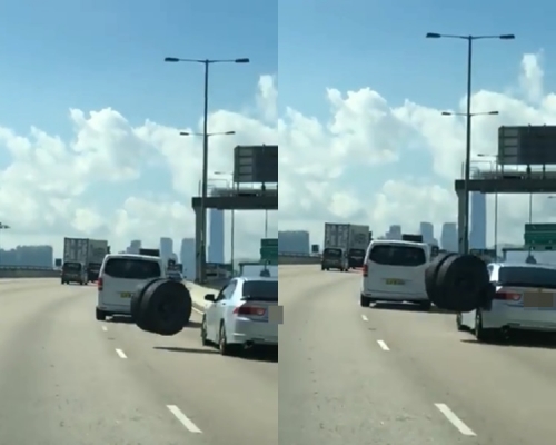 貨櫃車三號幹線甩轆,私家車無辜被擊中。影片截圖