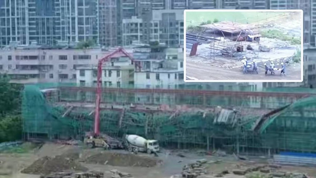 地盤棚架大面積倒塌,事後有人被擔架救出。