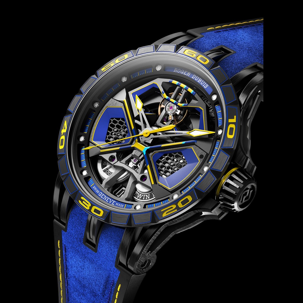 Roger Dubuis Excalibur Spider Monobalancier Huracán DBEX107，表殼：45mm DLC鈦金屬/ 機芯：RD630自動/ 限量：88枚/ 售價：待詢。