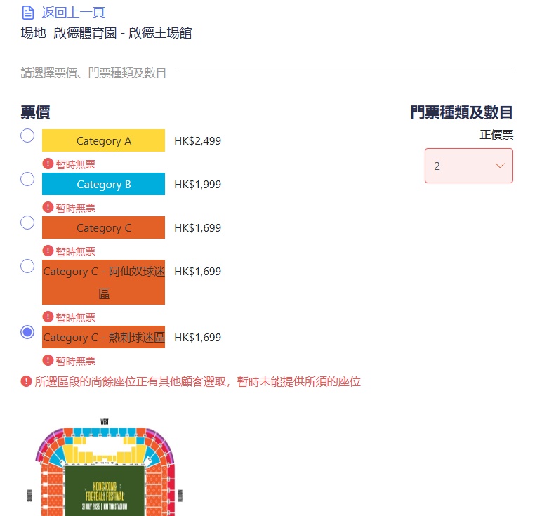 開售不足15分鐘,進入「阿仙奴對熱刺」賽事的售票頁面時,最貴2499元以至最平1699元的門票均已顯示「暫時無票」。 開售不足15分鐘,進入「阿仙奴對熱刺」賽事的售票頁面時,最貴2499元以至最平1699元的門票均已顯示「暫時無票」。