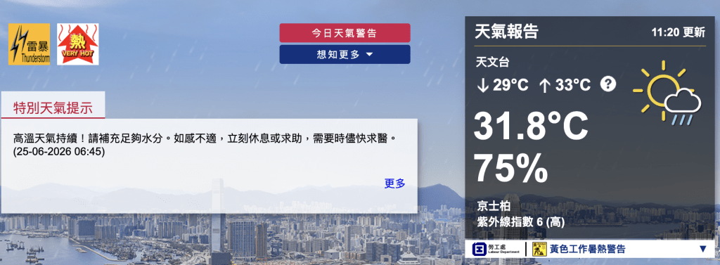 本港正受高溫及惡劣天氣雙重夾擊，目前雷暴警告、酷熱天氣警告及黃色工作暑熱警告同時生效。圖片來源：天文台。