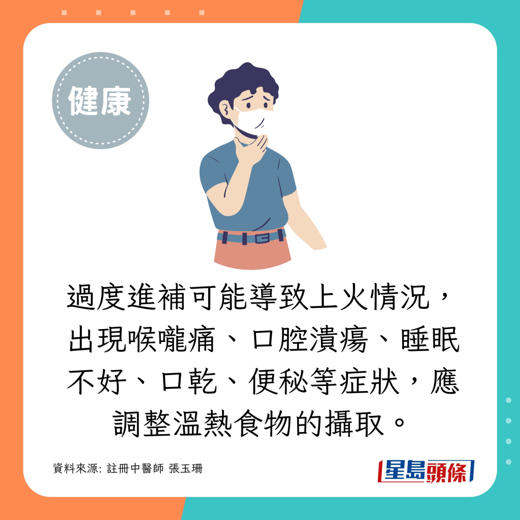 過度進補可能導致上火情況，出現喉嚨痛、口腔潰瘍、睡眠不好、口乾、便秘等症狀，應調整溫熱食物的攝取。