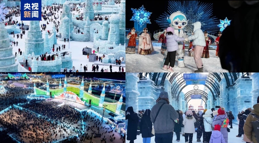 哈爾濱冰雪大世界舞台區，輪番上演「春晚舞台區冰雪秀」。