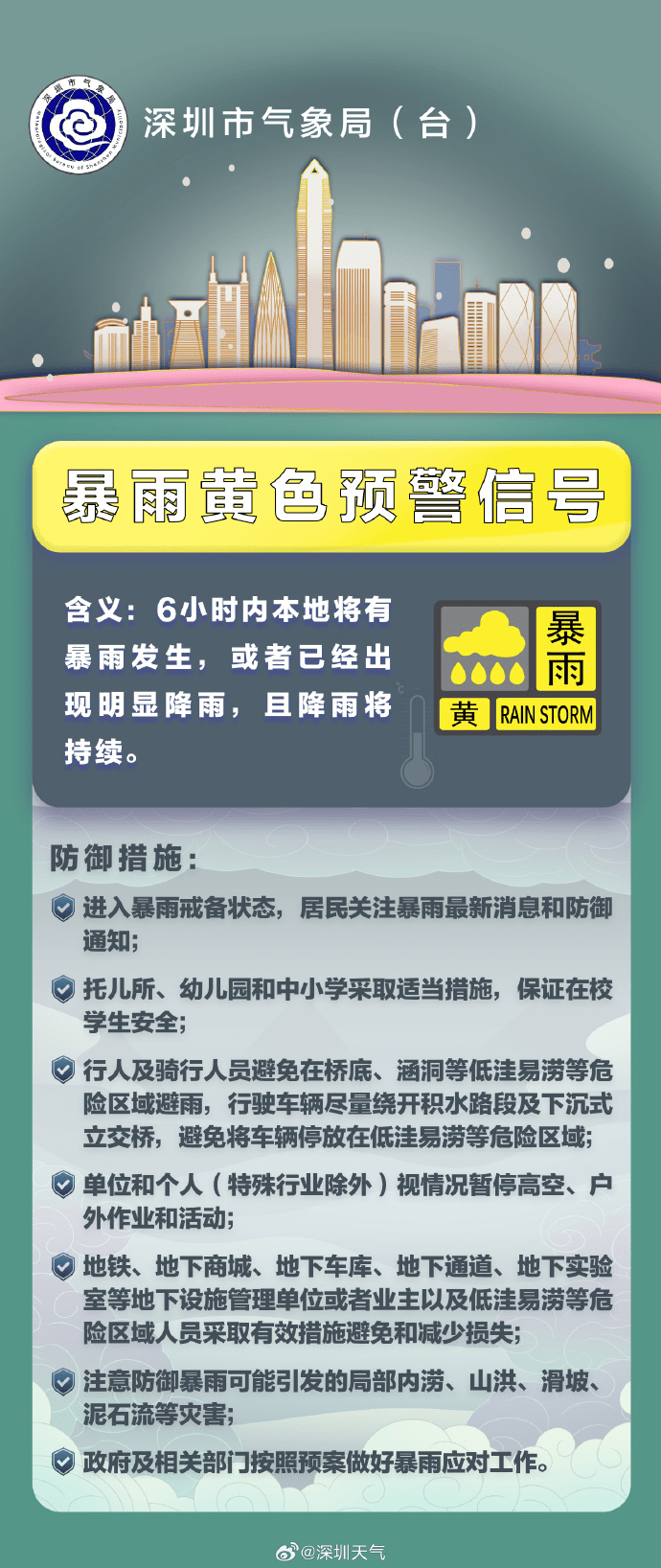 深圳市暴雨黄色预警信号扩展至全市。 深圳天气