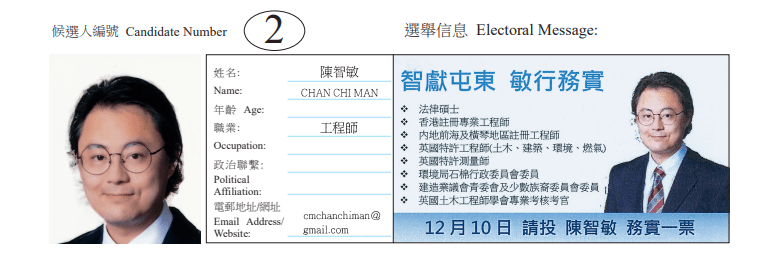 屯門區屯門東地方選區候選人2號陳智敏。