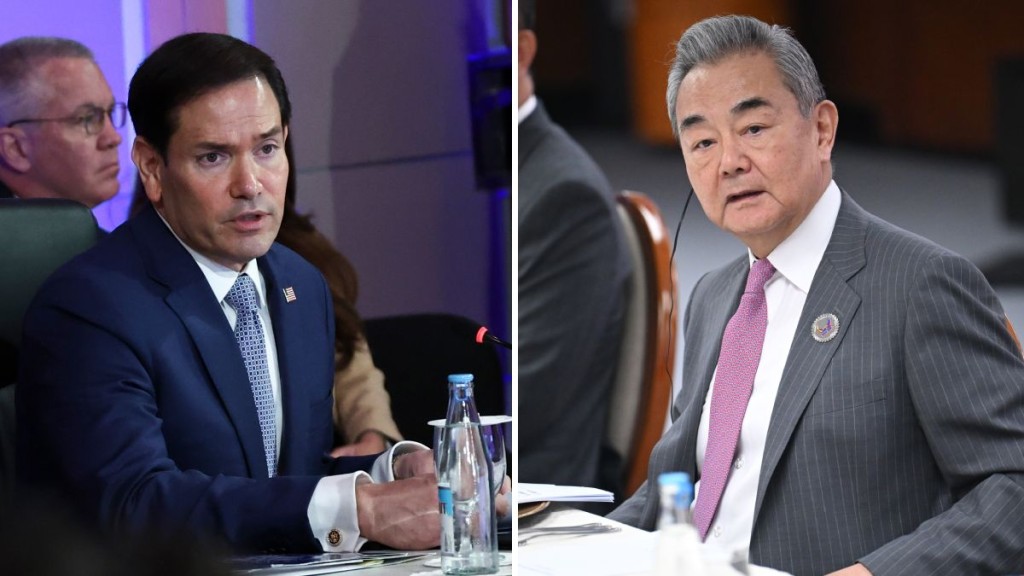 外交部長王毅（右）與美國國務卿魯比奧（左）舉行雙邊會議。美聯社